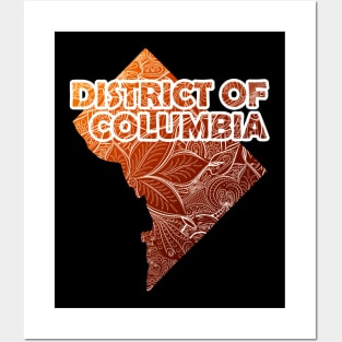 Colorful mandala art map of District of Columbia with text in brown and orange Posters and Art